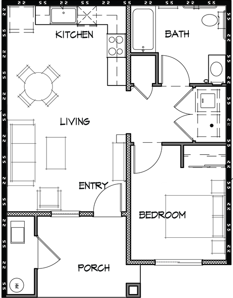 Floor plan for 1 bed, 1 bath, 619 sqft